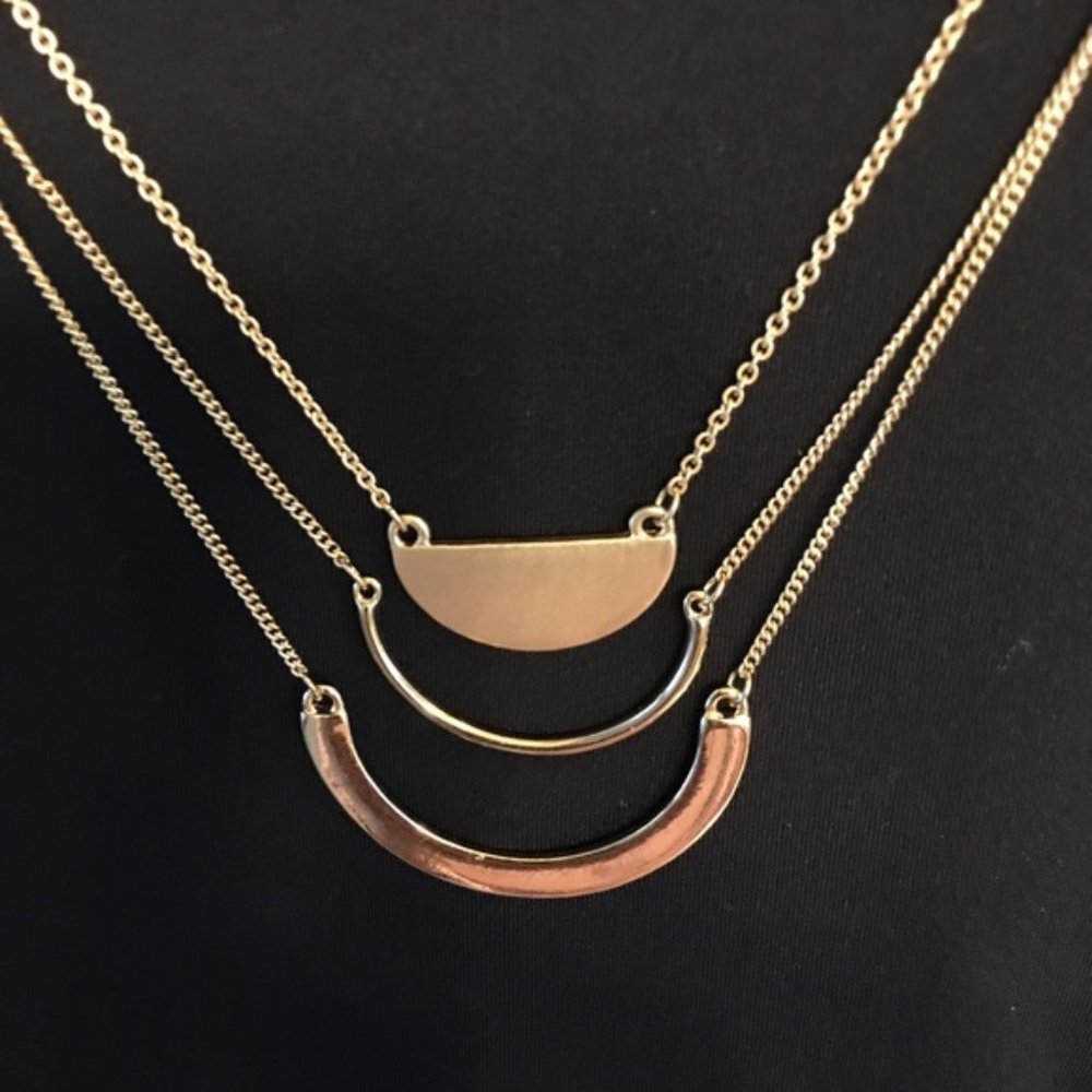 Half Moon Multi Strand Long Adjustable Necklace Matte and Shiny Gold Color